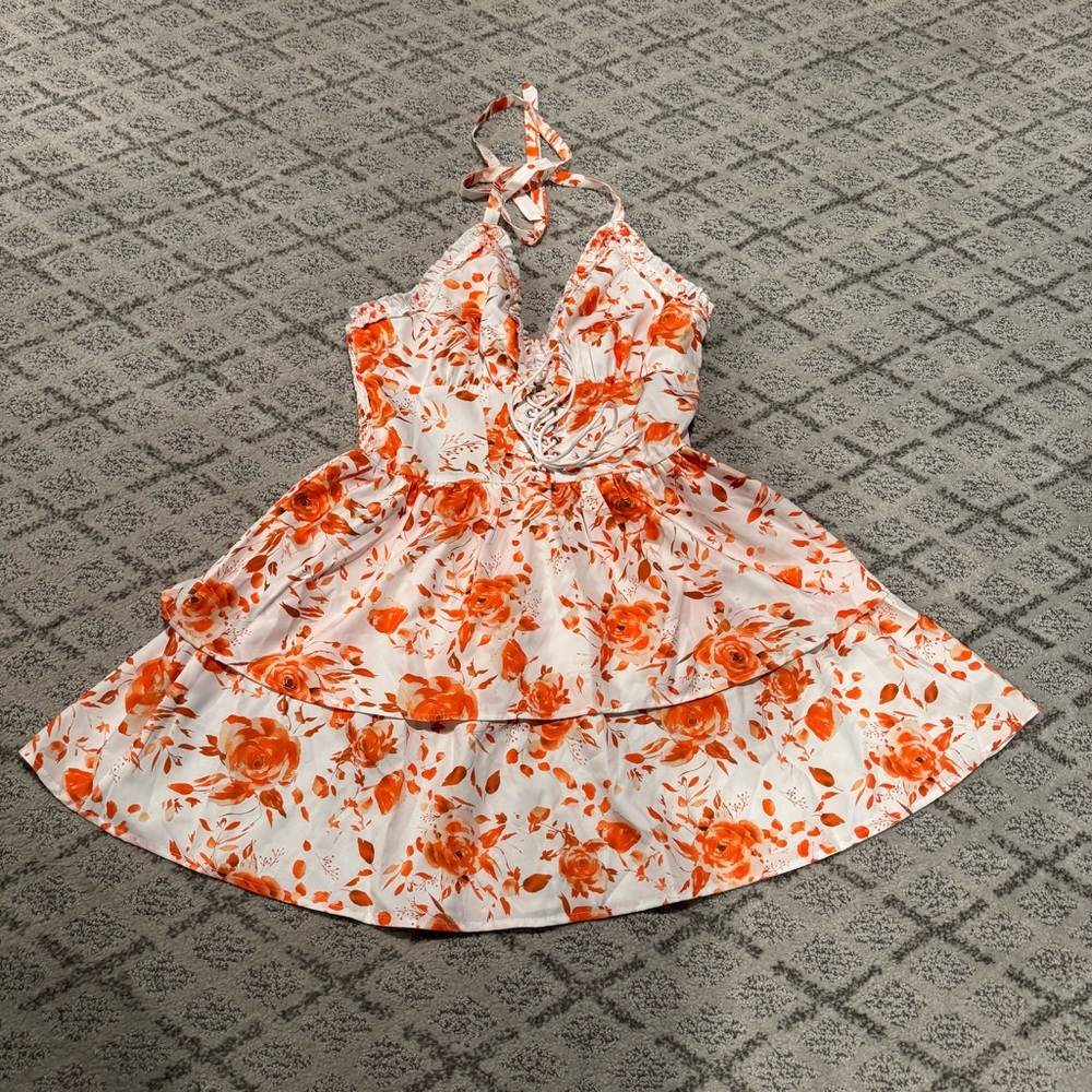 Backless Halter Neck Y2k Tiered Floral Dress Size Large